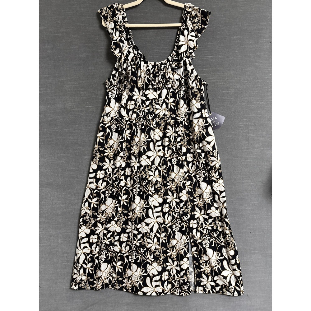 Ava Viv Dress 2X Black Brown Floral Ruffle Midi Linen Summer Vacation‎ Boho